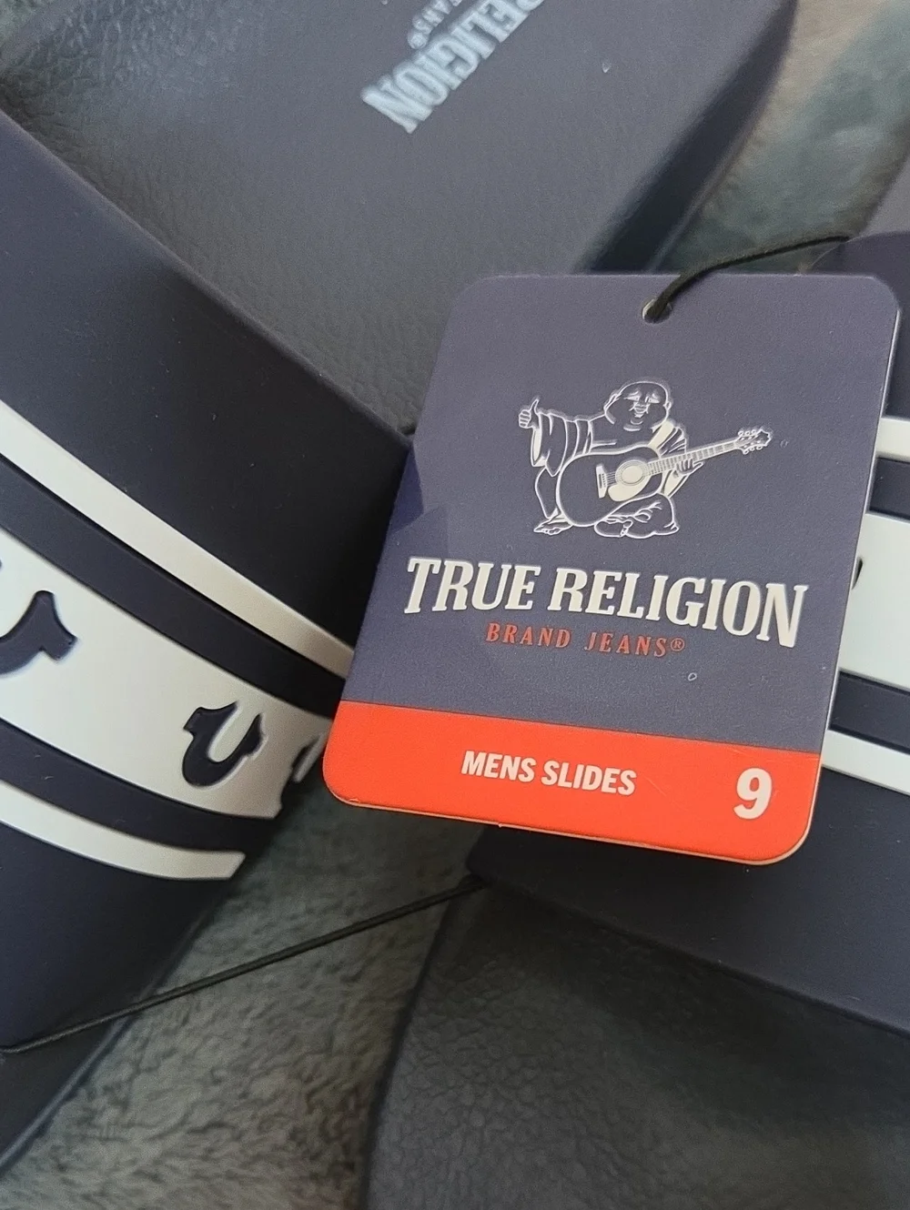 True Religion Navy Blue and White Men's Slide Sandals Sz 9